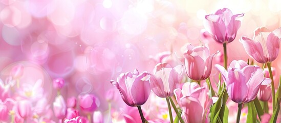 Obraz premium A greeting card with pink tulips suitable for various occasions like birthdays Easter Women s Day Mother s Day It features a floral backdrop with ample copy space image for text perfect for the sprin