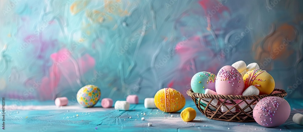 Aufkleber modern easter composition featuring vibrant eggs in baskets with marshmallows ideal for trendy desig