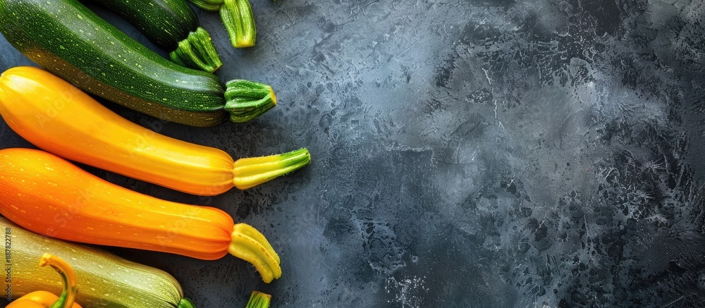 Poster colorful zucchinis for cooking freshly harvested on a stone background with ample copy space in a to