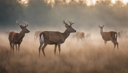 Obraz premium silhouette of A herd of deer grazing in a meadow, early morning mist 