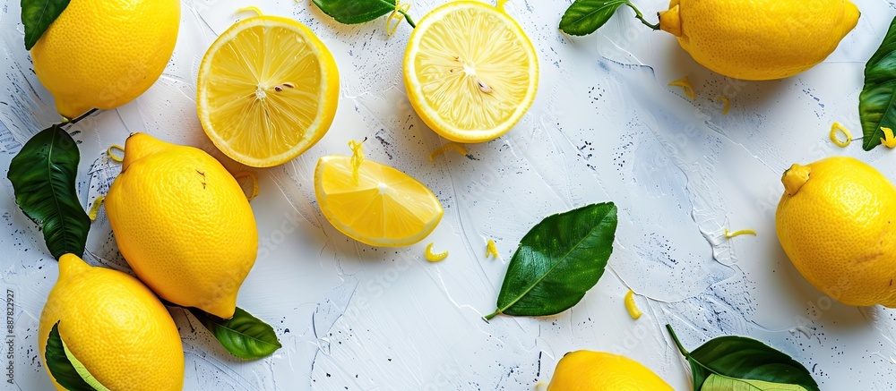 Fototapete top view of whole and halved lemons with leaves on a white surface with a clear area suitable for a 