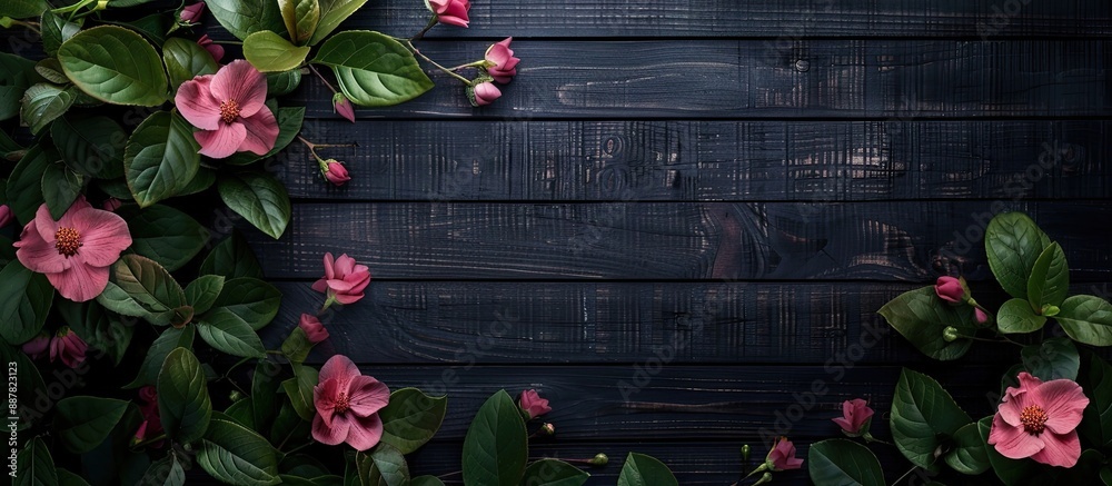 Poster pink flowers and leaves creatively arranged on a black wooden background in a flat lay style emphasi