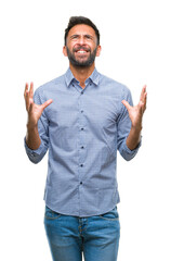Fototapeta premium Adult hispanic man over isolated background crazy and mad shouting and yelling with aggressive expression and arms raised. Frustration concept.