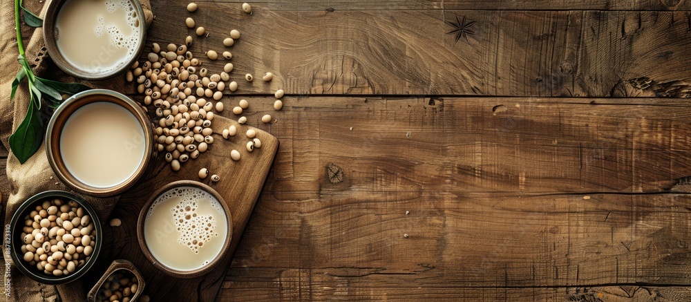 Poster wooden table featuring fresh soy milk and beans displayed in a flat lay arrangement with ample space