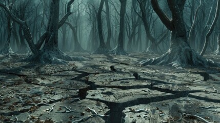 Barren forest ground cracked and barren of plants