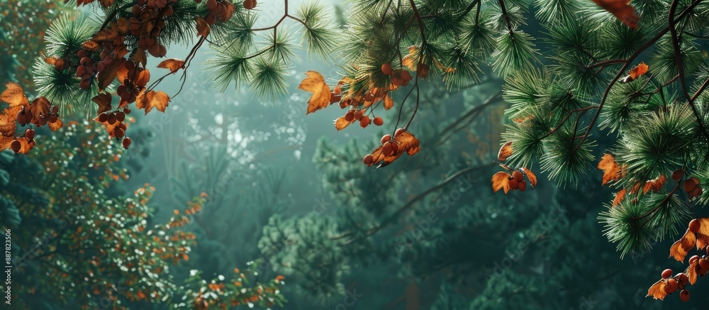 Leinwandbilder gazing at the foliage of a conker tree and pine branches creating a picturesque scene against a back