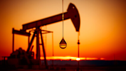 A drop of oil in the background of an oil well at sunset. Pump of an oil derrick.
