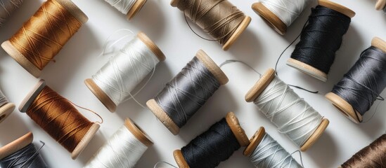 Top down photograph of colorful cotton thread spools and bobbins in white brown gray black silver and gold on a plain background for insertion of another image copy space image