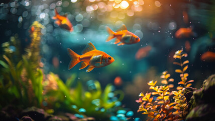 Goldfish in an aquarium, captured with shimmering scales and peaceful movement