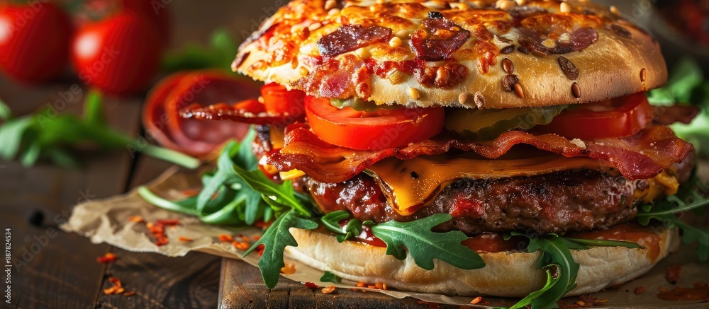 Aufkleber a cheese pizza burger filled with tomatoes bacon pepperoni salami and arugula displayed in a copy sp