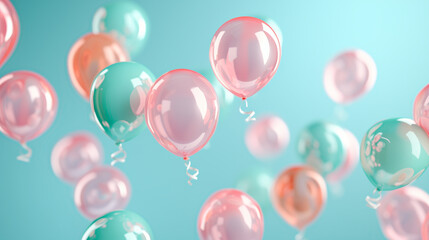 Coral, Pink and Turquoise Balloons Rising in the Air. Colorful, Birthday Background 