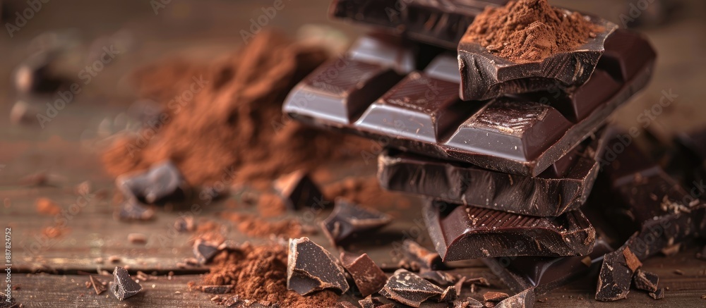 Poster Selective focus on dark chocolate cocoa solids and cocoa powder on a wooden background with a clear copy space image