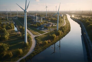 Fototapeta premium Aerial perspective of a canal running through an urban landscape, with wind turbines rising in the background. The turbines stand as sentinels of sustainable energy, their sleek