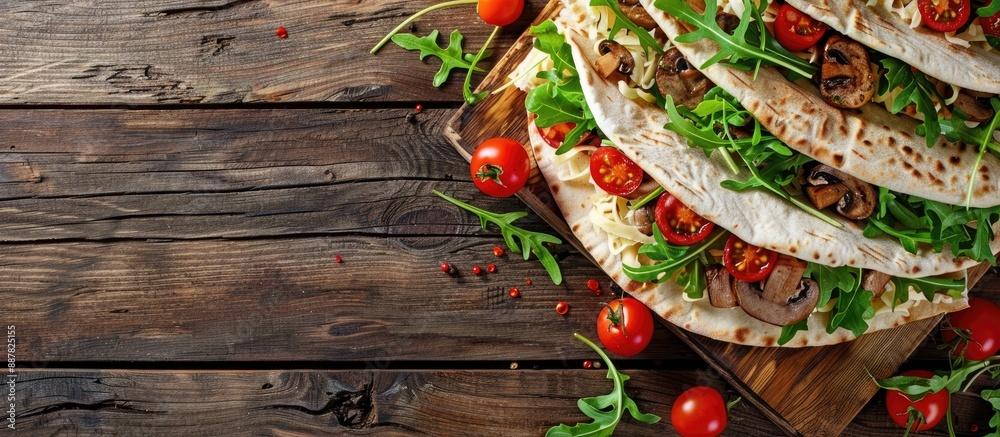 Aufkleber A delectable assortment of pita sandwiches featuring cheese mushrooms tomatoes and arugula arranged on a wooden surface for a flat lay composition with available space for text in the image