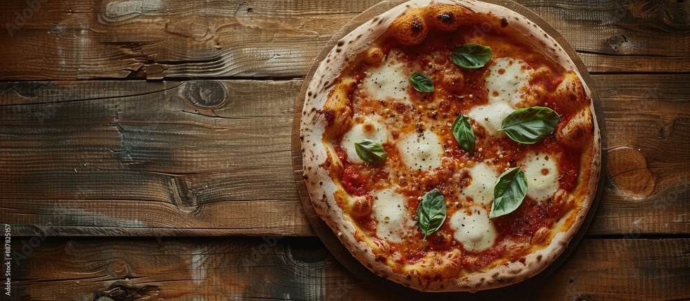 Poster top down view of a margherita pizza on a wooden surface with room for text or other elements a perfe