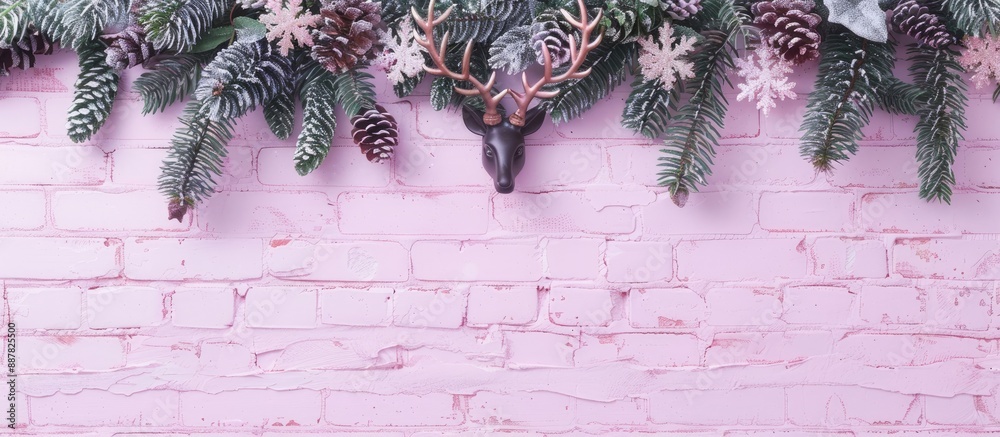 Poster festive fir tree branches and deer decoration on pink backdrop with white brick wall offering space 