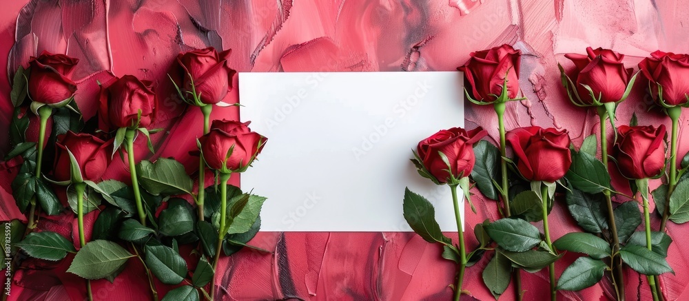 Poster Fresh roses arranged decoratively on a color background with an empty white paper sheet for text providing a floral visual with plentiful copy space image