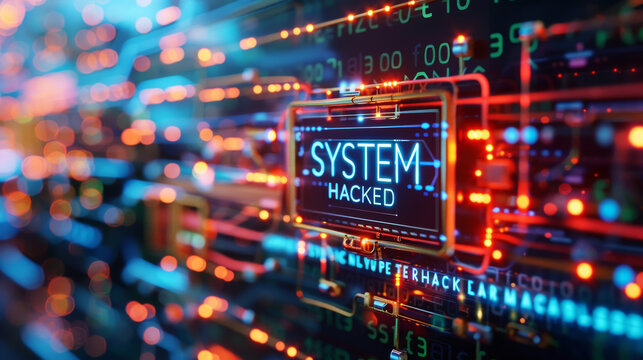 Cybersecurity Breach Concept with System Hacked Display Warning With Blurry Lights and Data Streams