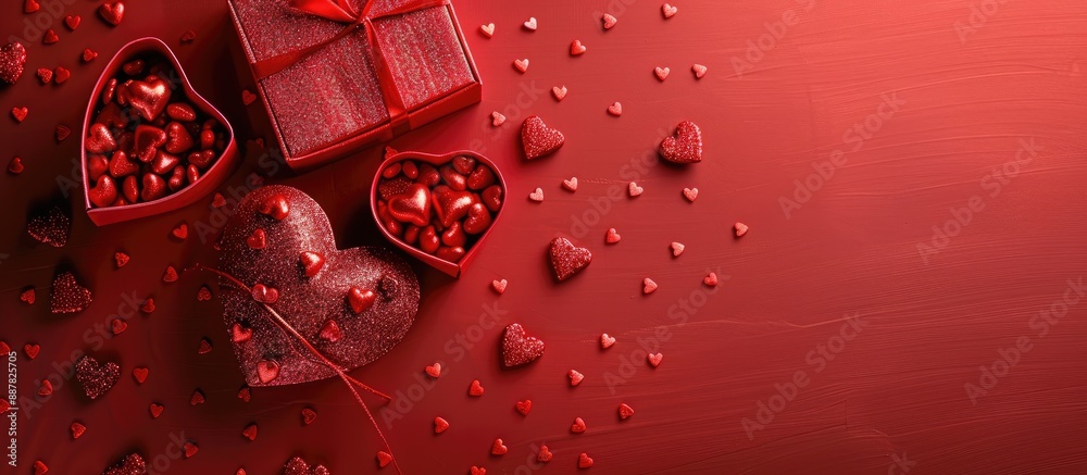 Poster heart shaped red openwork gift boxes adorned with small red hearts on a matching background viewed f