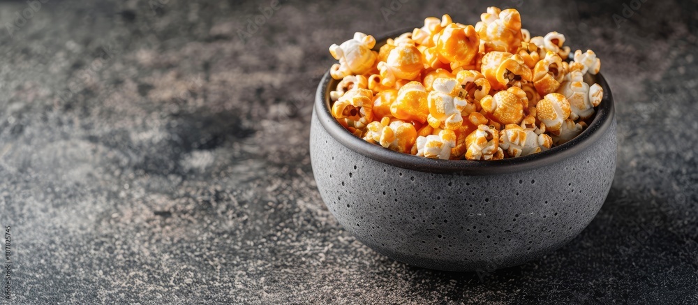 Aufkleber Low angle view of a gray bowl filled with homemade caramel popcorn perfect for adding text with copy space image