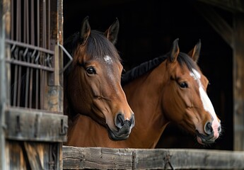 Obraz premium Two Horses Looking Out of a Stall