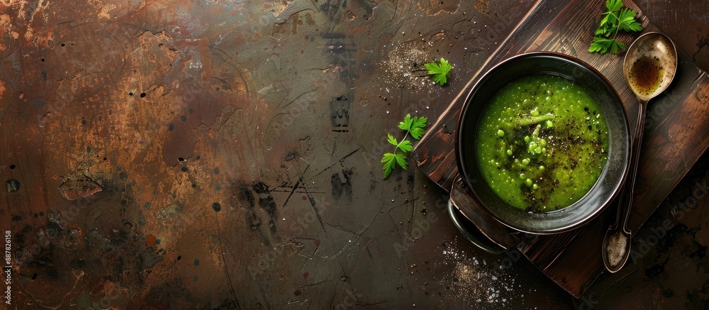 Fototapete Lunch with pea soup served against a rustic backdrop with plenty of copy space image available