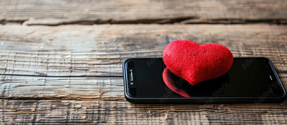 Poster Smartphone with heart design on white background with wooden table copy space image