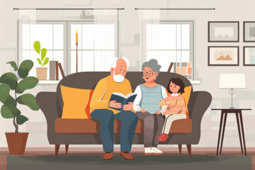 Family enjoying their time together, spending a relaxing afternoon reading a book at home