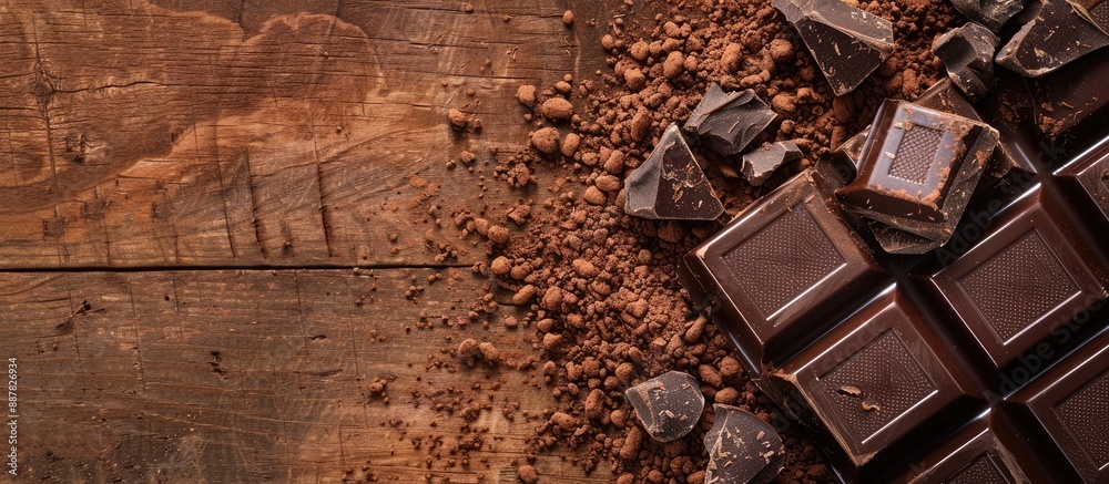 Fototapete Selective focus on dark chocolate cocoa solids and cocoa powder on a wooden background with a clear copy space image
