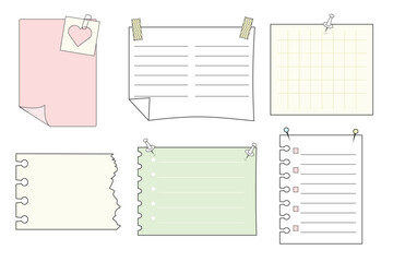 Memo sticky notes, sheet reminder, color office or school pages with tape, marks, pin, paperclip frames doodle style. Notebook bullet dairy list, funny retro drawing.