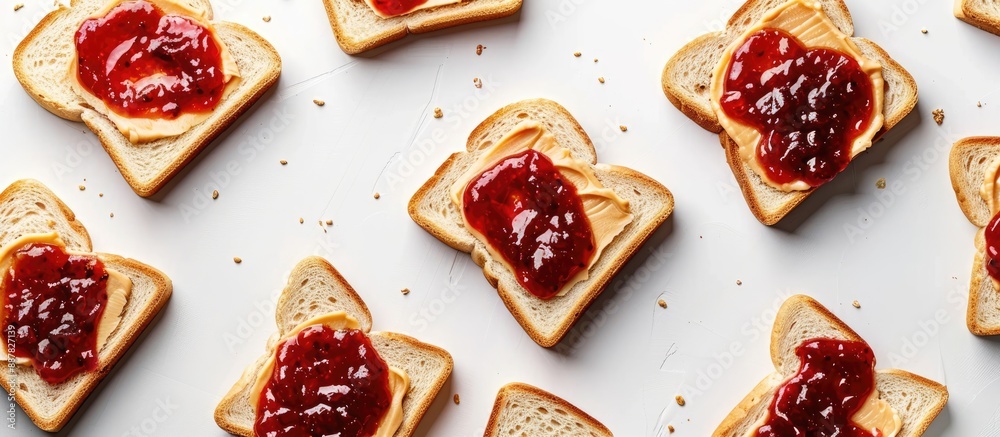 Aufkleber Top view of peanut butter and jelly on white bread toasts against a white background with copy space image