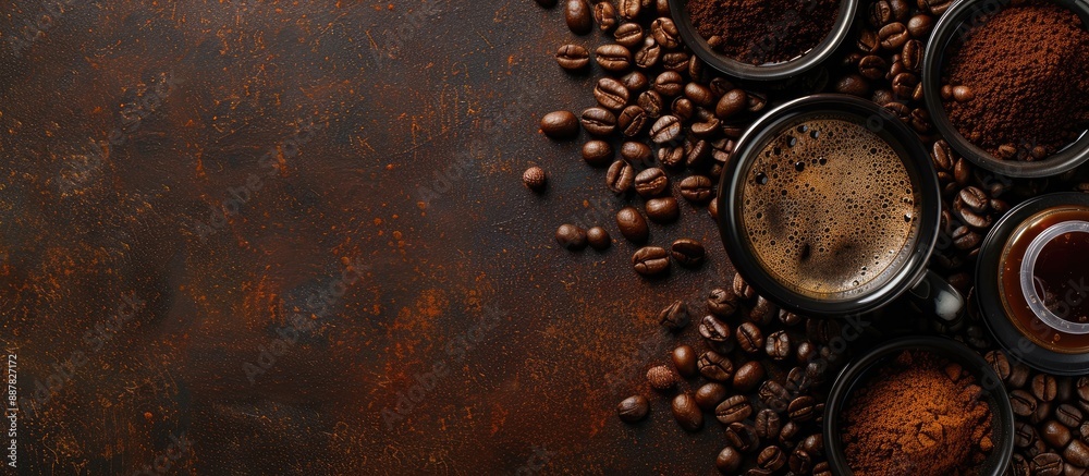 Aufkleber coffee themed background featuring a variety of coffee products like beans ground coffee instant cof