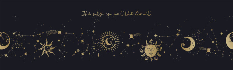 Trendy celestial seamless pattern, spiritual background hand drawn, stars, moon, space, great for textiles, wallpapers, surfaces - vector design