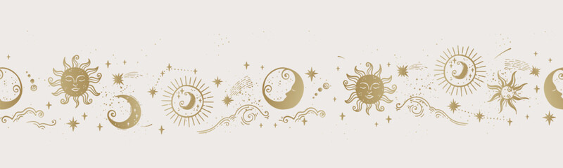 Trendy celestial seamless pattern, spiritual background hand drawn, stars, moon, space, great for textiles, wallpapers, surfaces - vector design