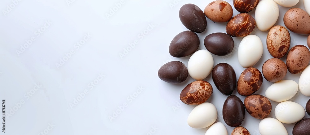 Leinwandbilder chocolate covered chicken eggs distributed on a plain white backdrop isolated for a top down copy sp