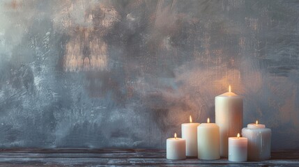 Candles arrangement on table with grey backdrop for text