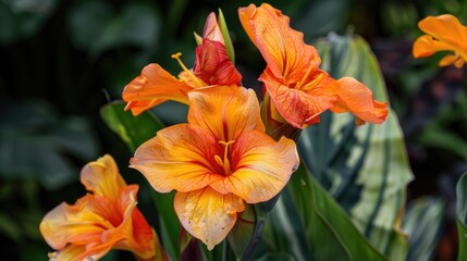 Canna lily flowers in the garden up close