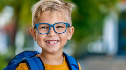 A young boy wearing glasses and a blue backpack is smiling. He is wearing a yellow shirt. Concept of happiness and positivity