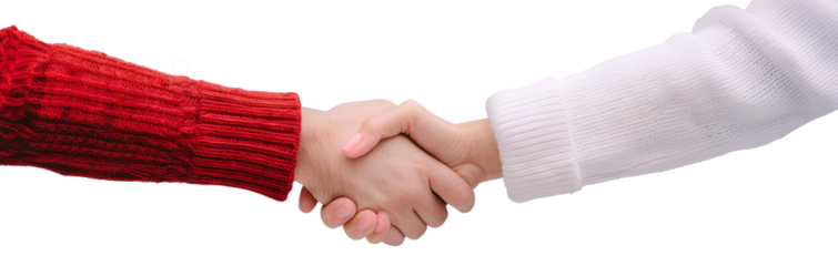handshake between two people in a christmas sweater. Holiday in office concept. Png transparent background. For banner, design
