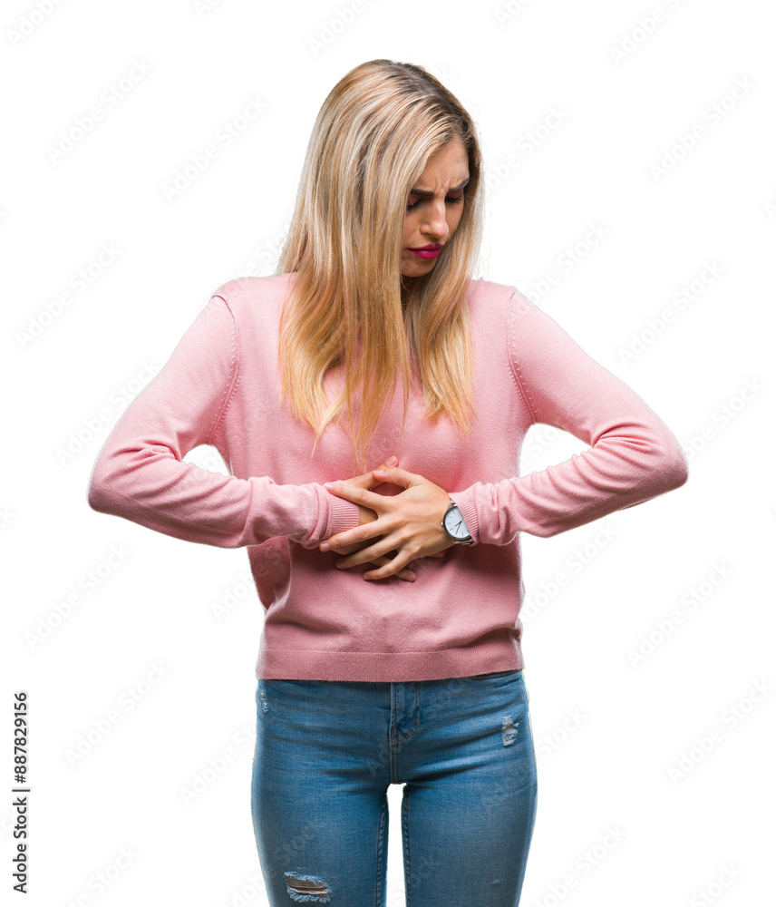 Sticker Young beautiful blonde woman wearing pink winter sweater over isolated background with hand on stomach because indigestion, painful illness feeling unwell. Ache concept.