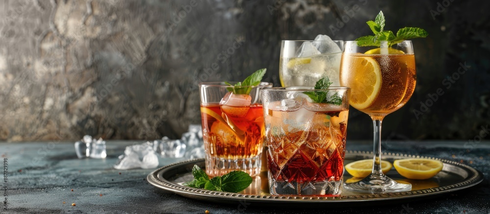 Leinwandbilder assorted glasses on a silver tray hold summer beverages with ice lemon and mint against a textured w