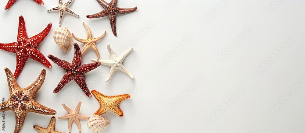 Poster sea starfish arranged individually on a blank white surface with copy space image viewed from above