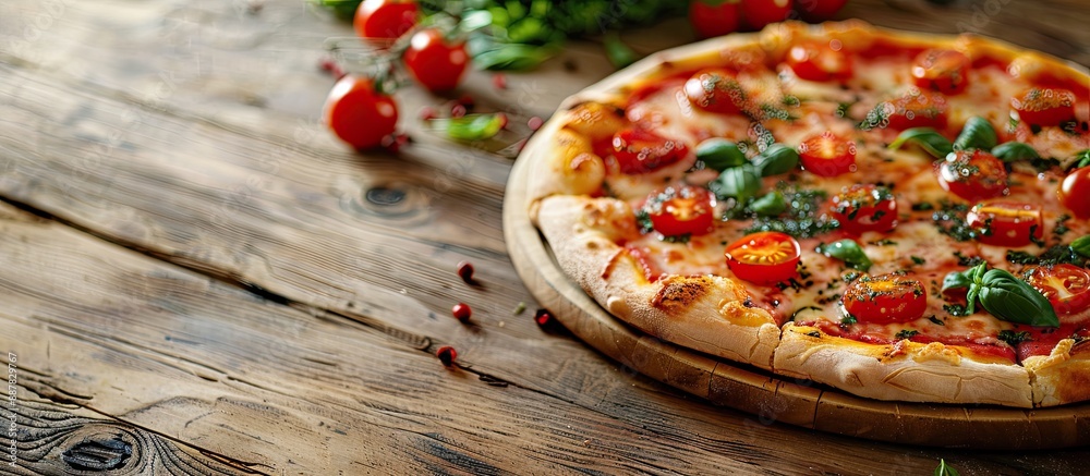 Aufkleber a mouthwatering pizza topped with cherry tomatoes on a rustic wooden table perfect for a copy space 