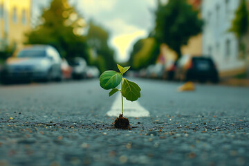 in a big city, one small green plant grew on the asphalt against the background of houses and cars