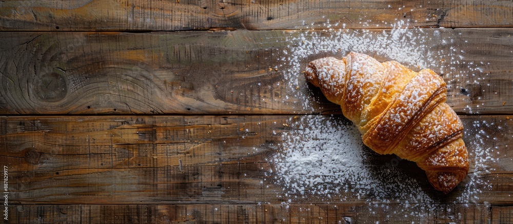 Poster A single croissant dusted with powdered sugar on a rustic wooden surface with space for your text in the image Seen from above. with copy space image. Place for adding text or design