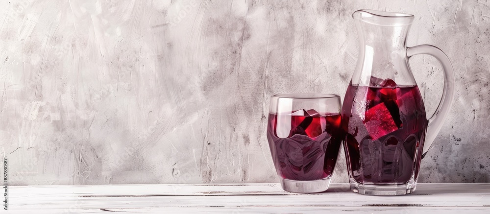Aufkleber red sangria served in a glass and a jug placed on a white wooden table set against a light grey back