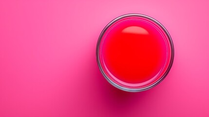 A glass of red liquid is sitting on a pink background. The liquid is in a glass bowl and is filled to the brim