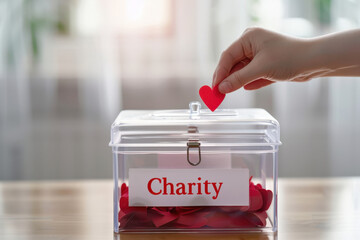 Woman carefully puts a paper heart in a donation box filled with red hearts, symbolizing charity, love, and generosity