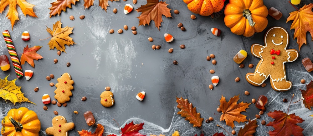 Aufkleber a halloween themed setting with gingerbread cookies pumpkins candies and fall leaves on a gray concr