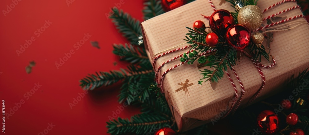 Poster top view of a christmas present adorned with decorations featuring ample copy space image